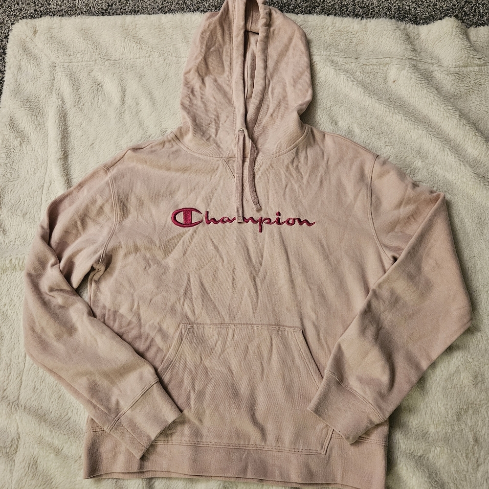 Champion light pink rose w/burgundy letters hoddie sweatshirt, Sz M